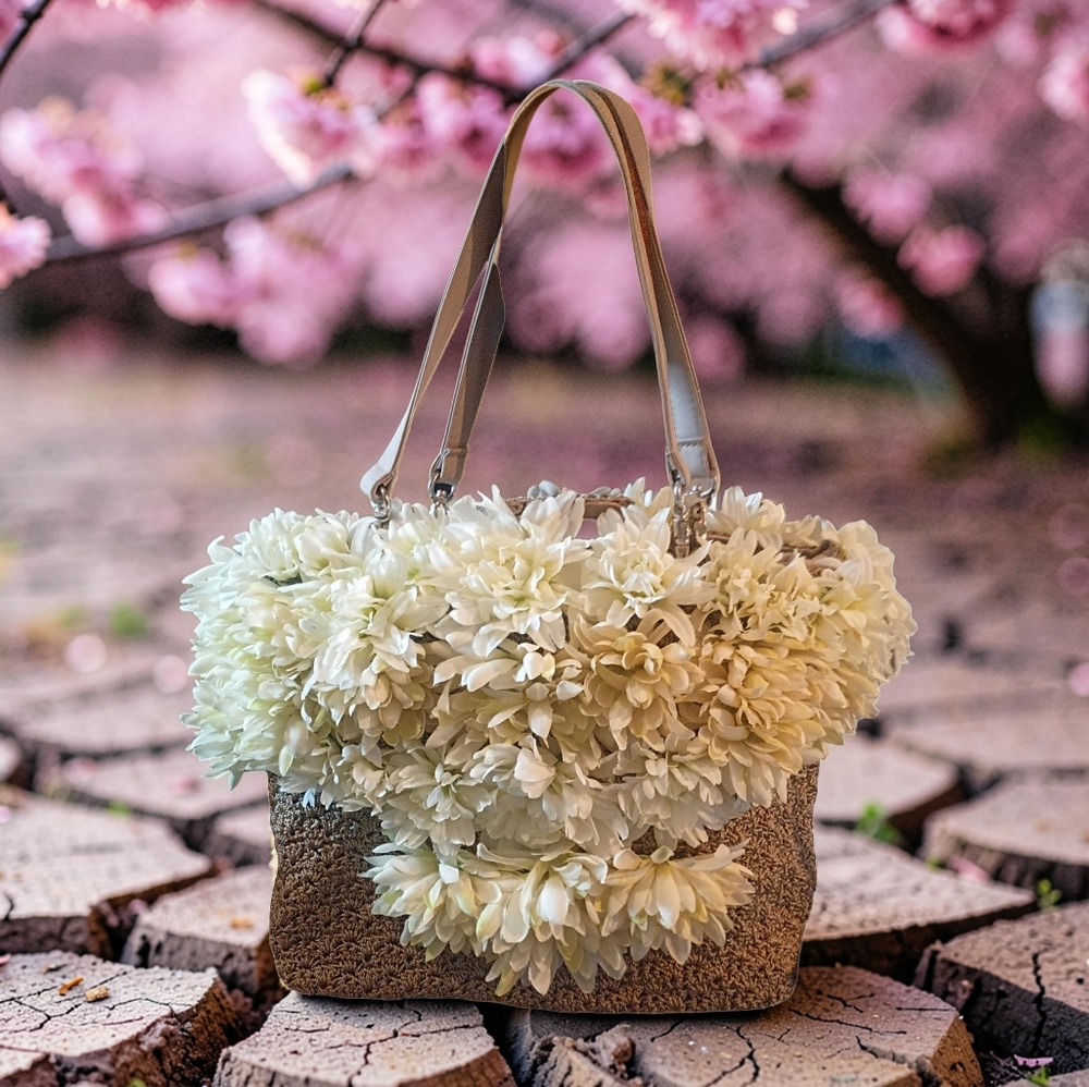 Charming Vintage Woven Raffia Handbag Embellished with  White Chrysanthemums.